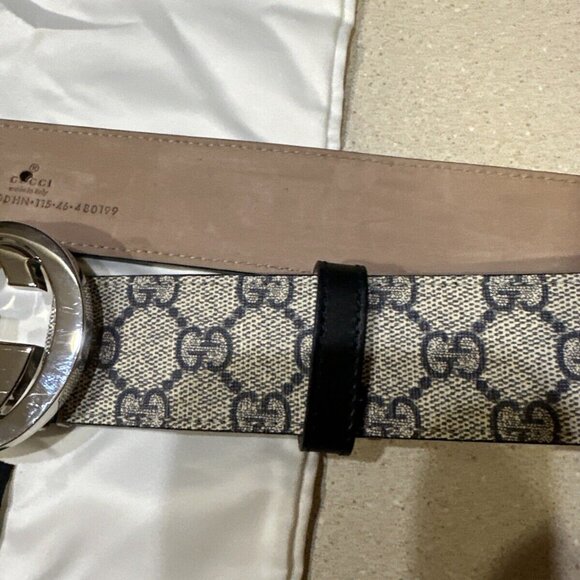 Gucci Web Beige/Blue Stripes Logo Men D-Ring Belt Size 90/36 - Picture 6 of 6